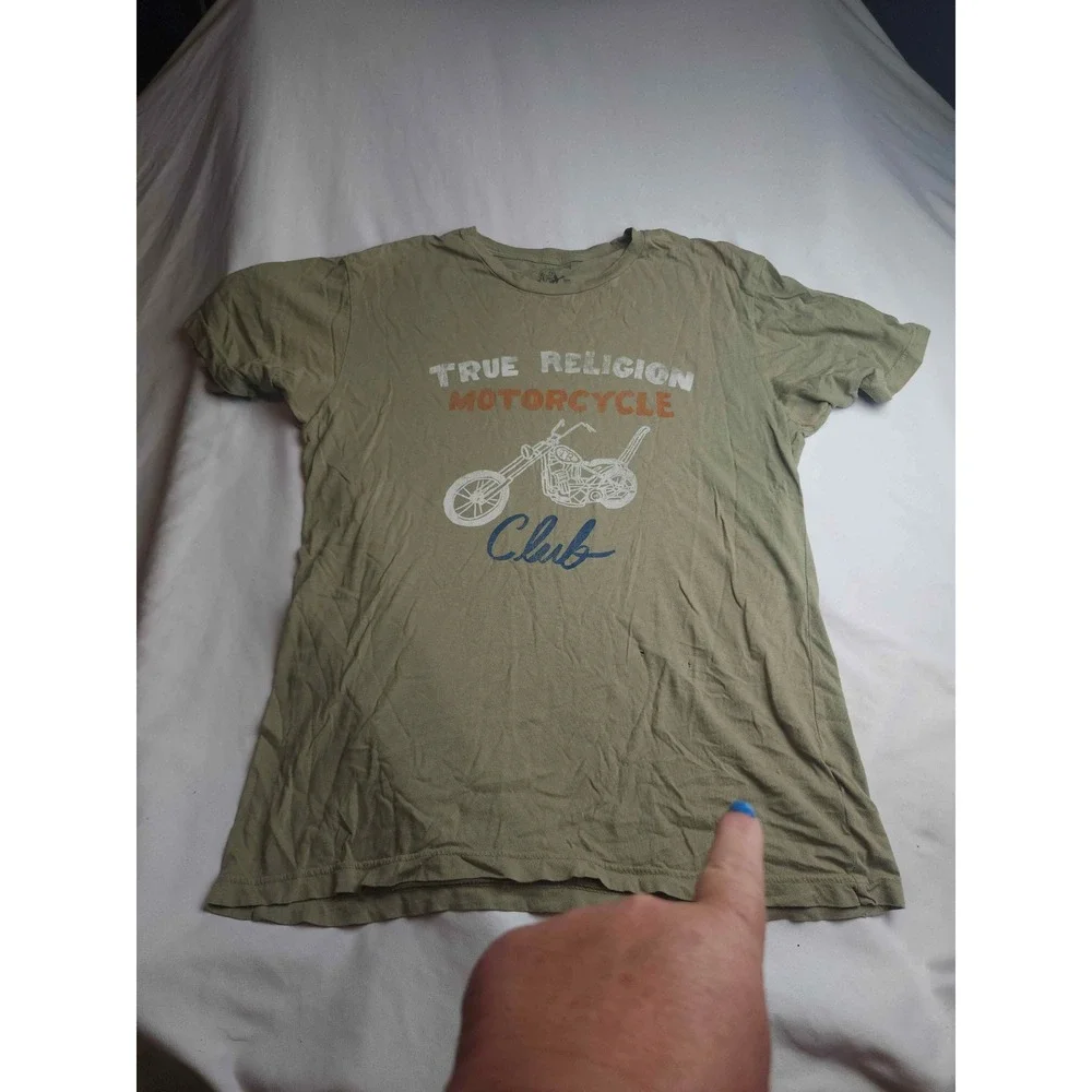 True Religion Motorcycle Club Graphic T-Shirt Mens Large Olive Green Cotton Tee